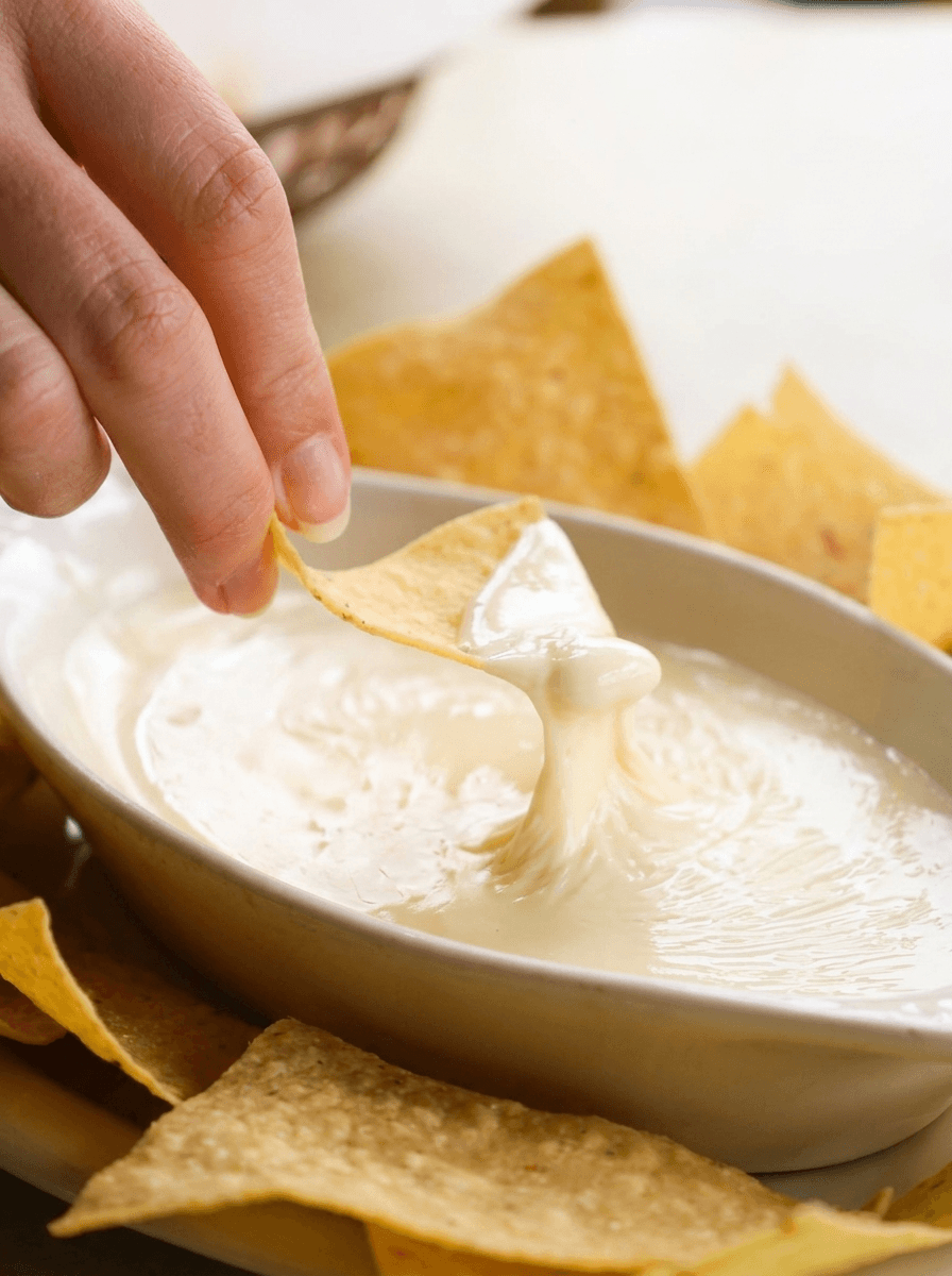 Chip dipped into warm queso, on the house for Fiesta Club members